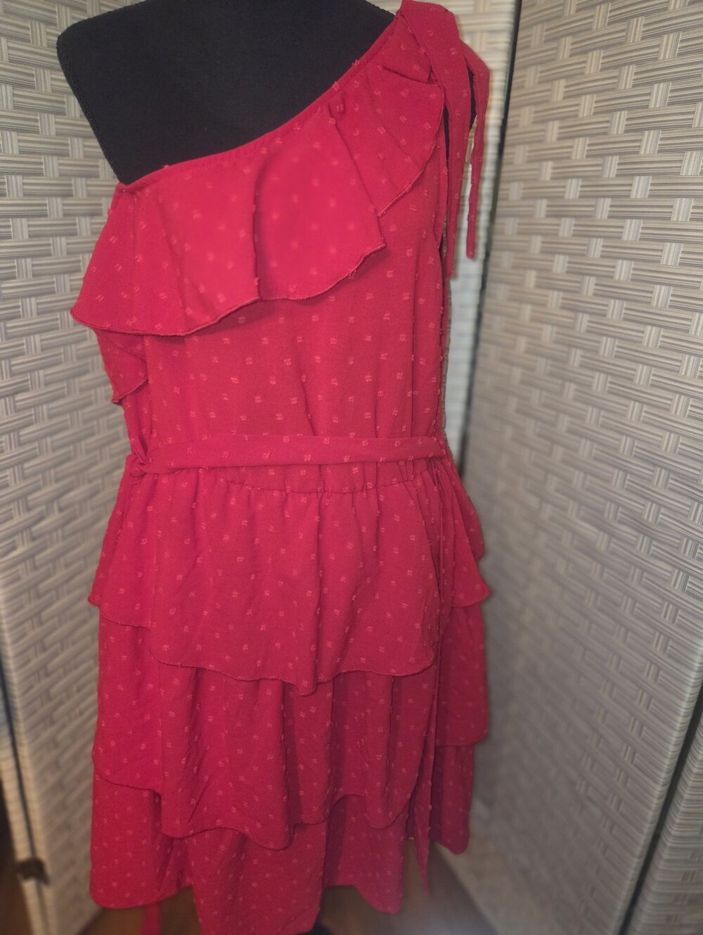 Missky Red Swiss Dot One-Shoulder Tiered Ruffle Dress With Tie Belt